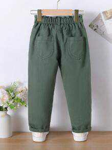 SHEIN 年輕女孩休閒波西米亞風假日綠色平口褲，帶扣墊袋，按鈕前排，女孩日常穿搭