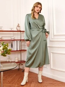 SHEIN Clasi Hơn Tay áo lồng đèn Nút ven Váy quấn - xanh quân đội - Xem 6