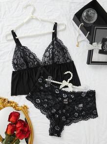 Talla grande Set de lencería con encaje floral - Negro - Ver 1