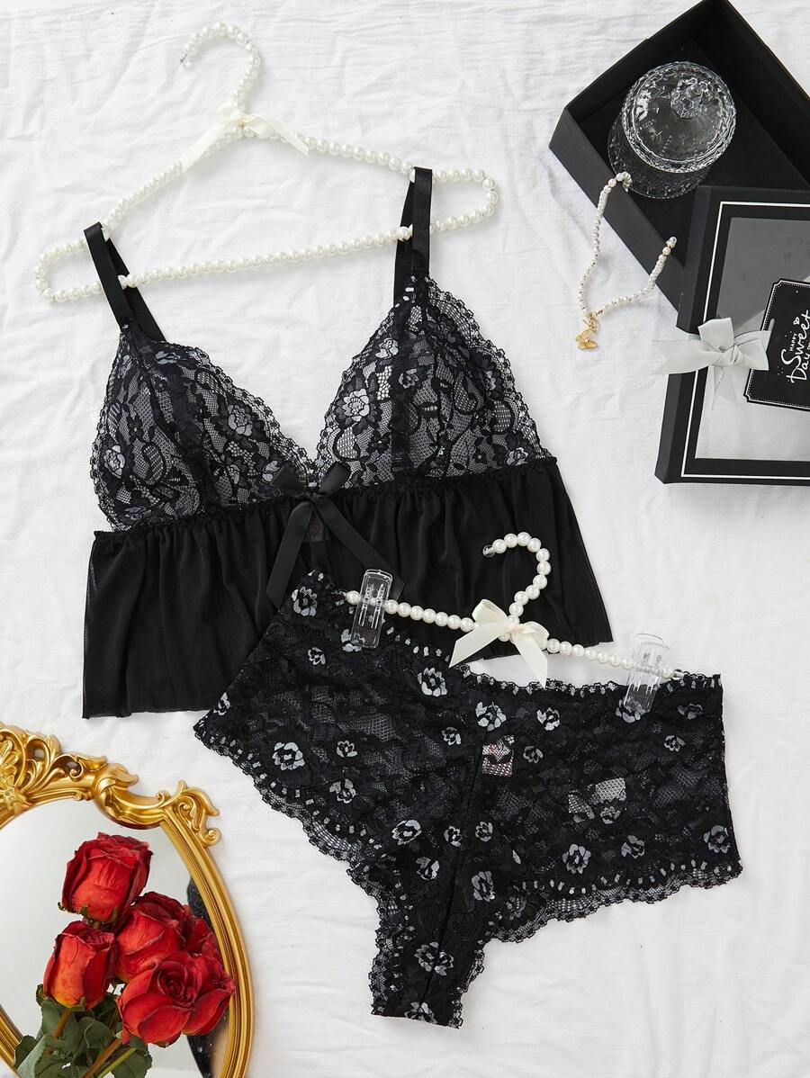 Talla grande Set de lencería con encaje floral - Negro - Ver 1