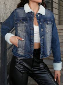 EURMUSE Women's Casual Thermal Lined Denim Jacket, Autumn/Winter - Medium Wash - View 5