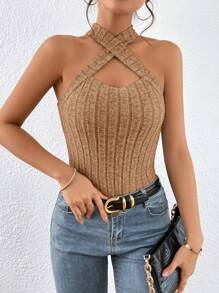 SHEIN Essnce Criss Cross Front Halter Top - Camel - View 4