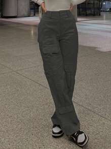 Pantalones cargo unicolor con bolsillo con solapa - Gris Oscuro - Ver 5