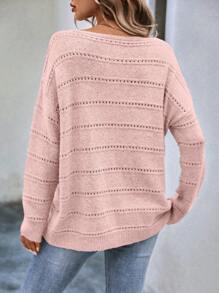 SHEIN LUNE Boat Neck Pointelle Knit Drop Shoulder Sweater - Pink - View 2