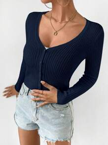 EMERY ROSE Button Front Ribbed Knit Cardigan Fall Winter Cloth For Women - Navy Blue - View 4