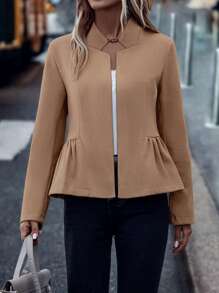 SHEIN LUNE 素色開門襟荷葉邊花呢外套 - 卡其色 - 查看 1