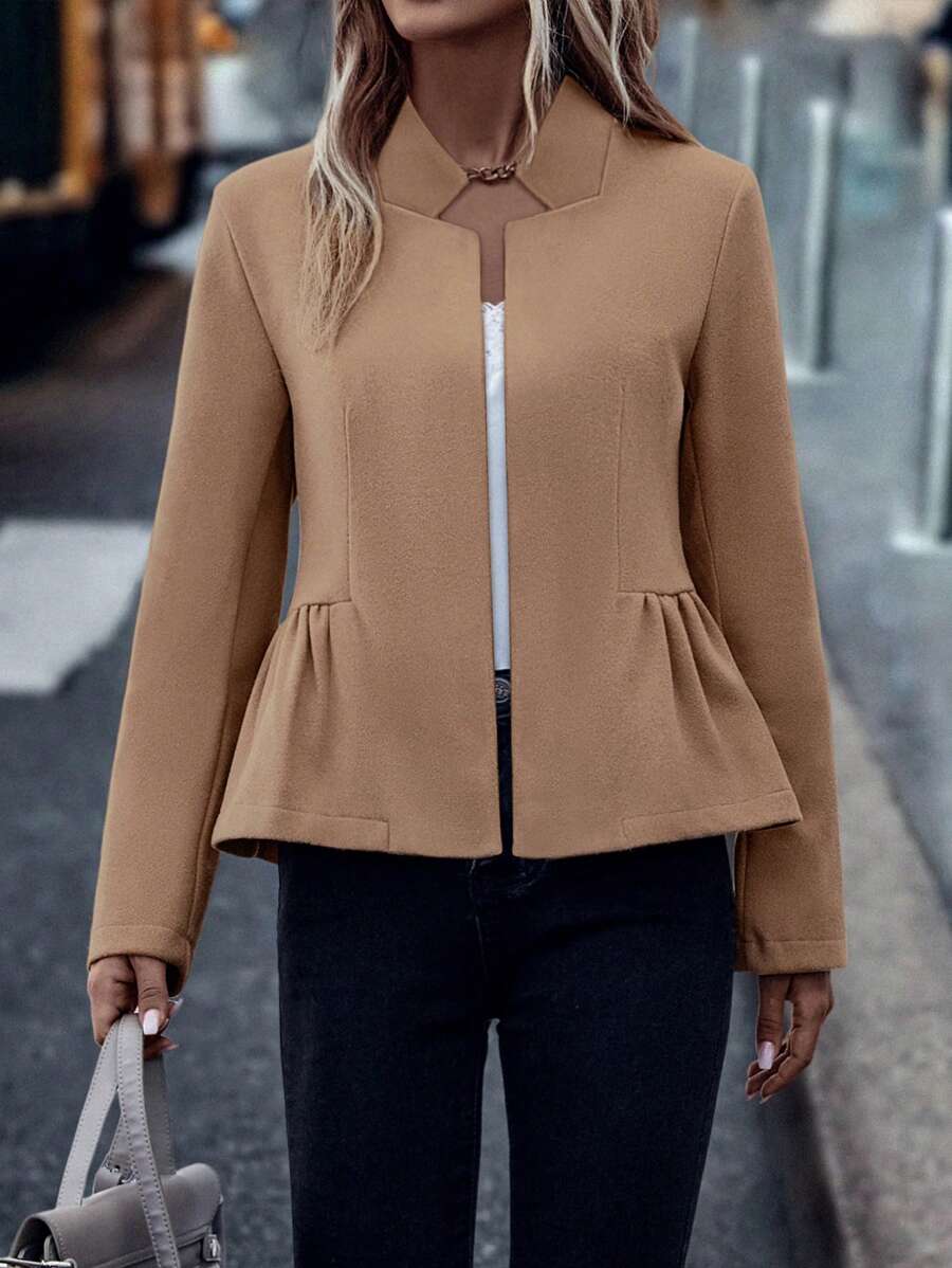 SHEIN LUNE 素色開門襟荷葉邊花呢外套 - 卡其色 - 查看 1