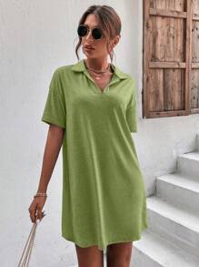 SHEIN LUNE Chất rắn Váy thun trễ vai - màu xanh lá - Xem 3