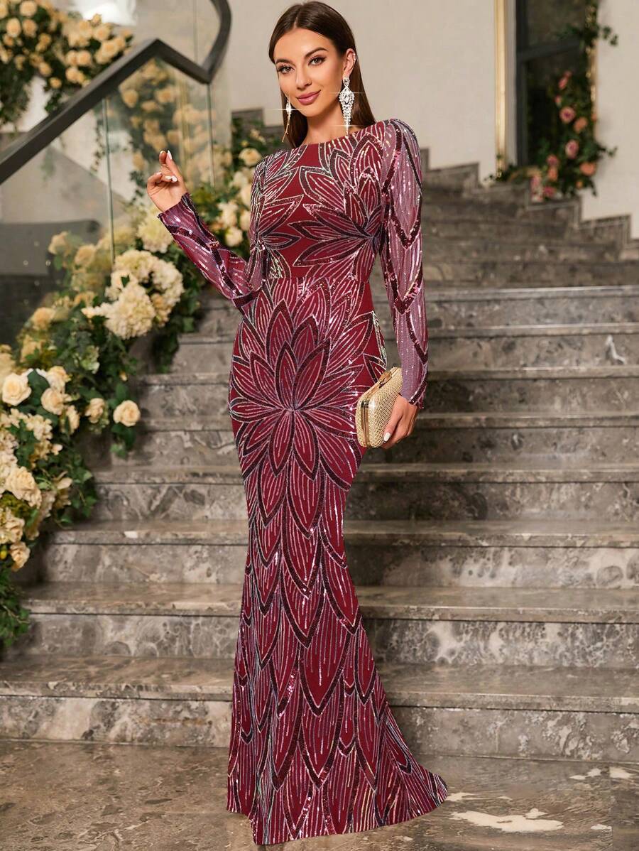 UNITHORSE 撞色亮片鱼尾下摆舞会礼服优雅长袖正式晚间婚礼宾客礼服，适合毕业典礼、晚宴派对礼服、新娘礼服、生日女士服装