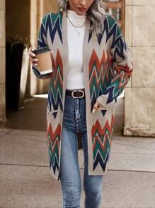 SHEIN Frenchy 人字形图案双口袋落肩开衫 - 彩色 - 查看 3