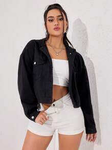 SHEIN EZwear 翻蓋口袋落肩袖連帽牛仔夾克 - 黑色 - 查看 1