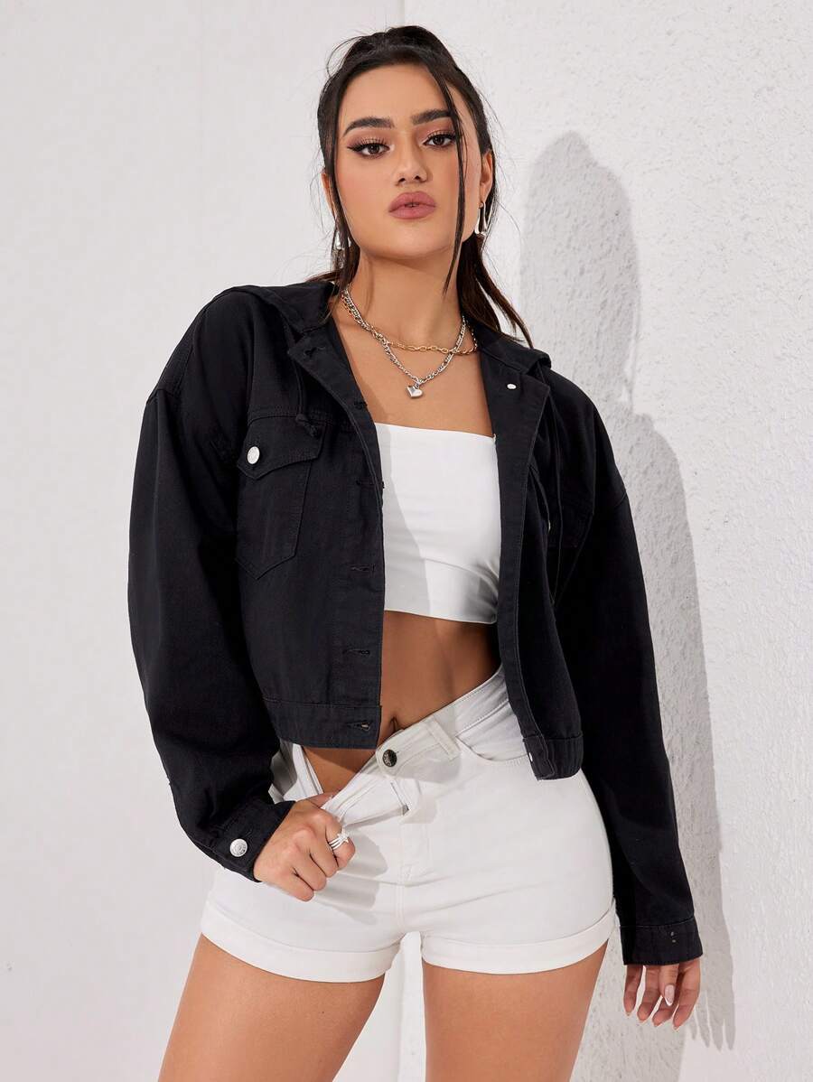 SHEIN EZwear 翻蓋口袋落肩袖連帽牛仔夾克 - 黑色 - 查看 1