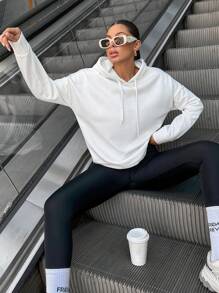 EURMUSE Letter Graphic Drop Shoulder Drawstring Hoodie - White - View 3