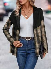 SHEIN LUNE Plaid Print Lapel Neck Blazer Fall Cloth For Women - Black - View 3