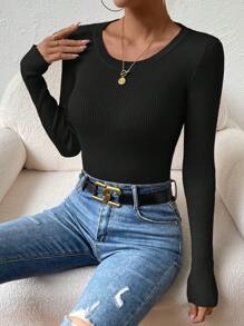 EMERY ROSE 纯色罗纹针织毛衣，女士春秋休闲罗纹针织长袖修身黑色常规袖基础款上衣女式毛衣针织套头衫秋冬毛衣 - 黑色 - 查看 6