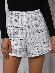SHEIN Frenchy 格紋圖案雙排釦粗花呢短褲 - 白色 - 查看 5