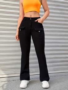 Pantalones Vaqueros Acampanados Bootcut De Mujer Con Múltiples Bolsillos Estilo De Trabajo Elásticos De - Negro - Ver 1