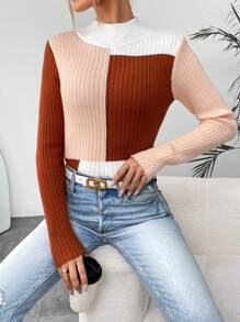 SHEIN LUNE Suéter de cuello alto de punto acanalado con bloques de color para otoño e invierno - Multicolor - Ver 1