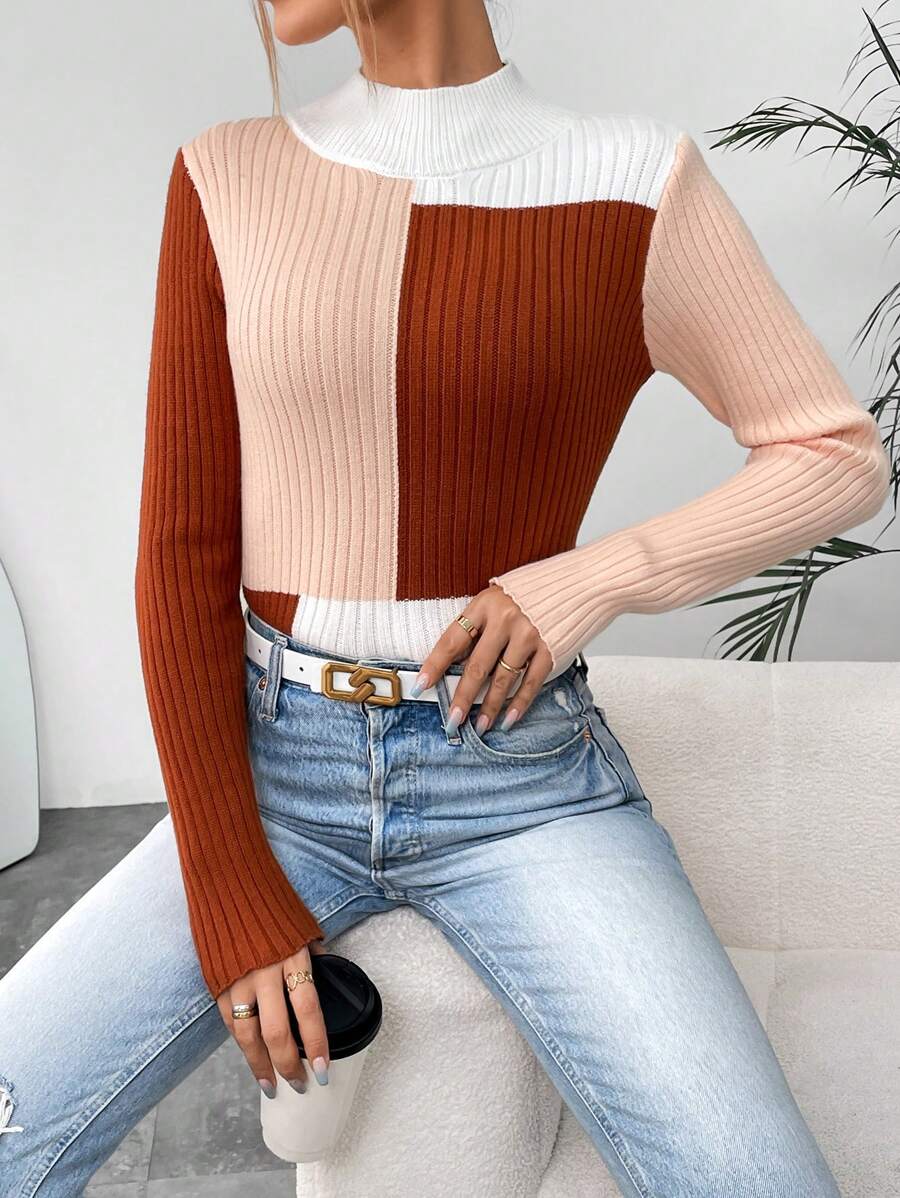 SHEIN LUNE Color Block Mock Neck Ribbed Knit Pullover Fall Winter Sweater - Multicolor - View 1