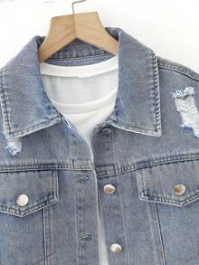 女大童1入組破洞抽鬚翻蓋細節牛仔夾克 - 中等水洗藍 - 查看 3