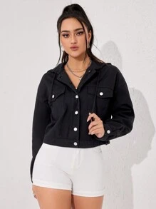 SHEIN EZwear 翻蓋口袋落肩袖連帽牛仔夾克 - 黑色 - 查看 3