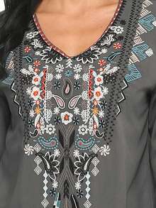 花卉圖案和佩斯利刺繡荷葉袖襯衫 - 灰色 - 查看 3