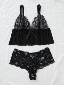 Talla grande Set de lencería con encaje floral - Negro - Ver 3