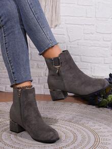 方頭麝皮短靴適合女士2023秋天和冬天,英倫風情粗和低跟踝靴短靴帶側拉鍊