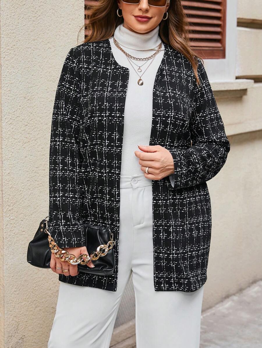 SHEIN Privé 大碼格紋開門襟外套 - 黑色 - 查看 1