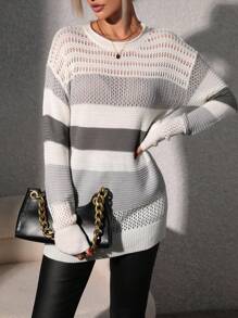 SHEIN LUNE 撞色落肩袖網眼針織套頭毛衣 - 彩色 - 查看 6