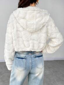 SHEIN Unity Thả vai Dây kéo áo có mũ Mùa vụ Áo Teddy Jackets - trắng - Xem 2