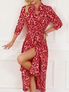 Cà chua Đỏ  In Bảy Tay áo Cổ v Tất cả In Với thắt lưng Ngày lễ Lễ hội Váy sơ mi Dài - Đỏ - Xem 4