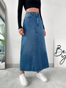 EURMUSE High Waist Slant Pocket Denim Skirt - Blue - View 5