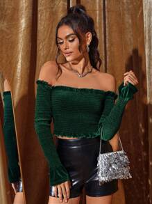 Allurite Camiseta crop de hombros descubiertos ribete fruncido de manga amplia con fruncido - Verde Oscuro - Ver 5