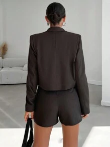 EURMUSE Solid Single Button Crop Blazer - Brown - View 2