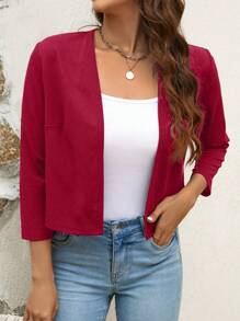 SHEIN Clasi 素色開門襟短夾克 - 酒紅色 - 查看 5