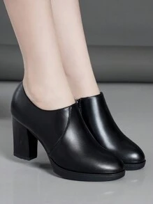 2025年秋冬女士踝靴、短靴、高跟鞋、圆头粗跟浅口鞋、时尚舒适、办公室/工作鞋、深层鞋面鞋、防水台舞鞋、旗袍模特走秀鞋 - 黑色 - 查看 4