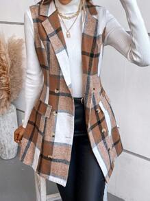 SHEIN Unity In kẻ sọc Cổ áo Áo khoác Vest - Màu vàng - Xem 3