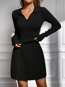 SHEIN Unity 素色套頭毛衣&條紋針織百褶針織短裙 - 黑色 - 查看 3