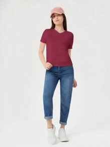 RueChic Teen Girl Solid V Neck Tee - Red - View 5