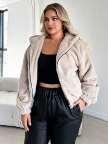 RueChic 大碼拉鏈開襟落肩袖連帽毛茸茸外套 - 杏色 - 查看 5