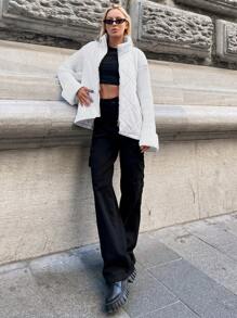 RueChic Drop Shoulder Zip Up Quilted Winter Coat - White - View 6