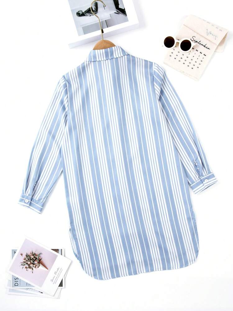 Tween Boy Striped Print Pocket Patched High Low Hem Shirt Nightdress