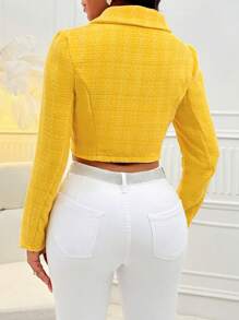 SHEIN Slayr 西裝領雙排釦短款花呢外套 - 黃色 - 查看 2