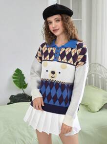 SHEIN EZwear 卡通小熊&菱形印花Polo領落肩袖套頭毛衣 - 彩色 - 查看 3