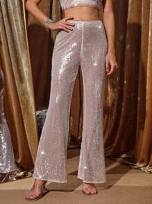 Allurite High Waist Sequin Flare Leg Pants - Champagne - View 1
