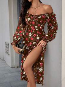 Breezaya Floral Print Knot Front Split Thigh Dress - Rust Brown - View 6