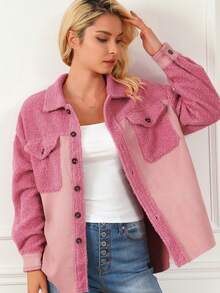 Acelitt Flap Pocket Drop Shoulder Teddy Coat - Pink - View 3