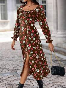 Breezaya Floral Print Knot Front Split Thigh Dress - Rust Brown - View 3