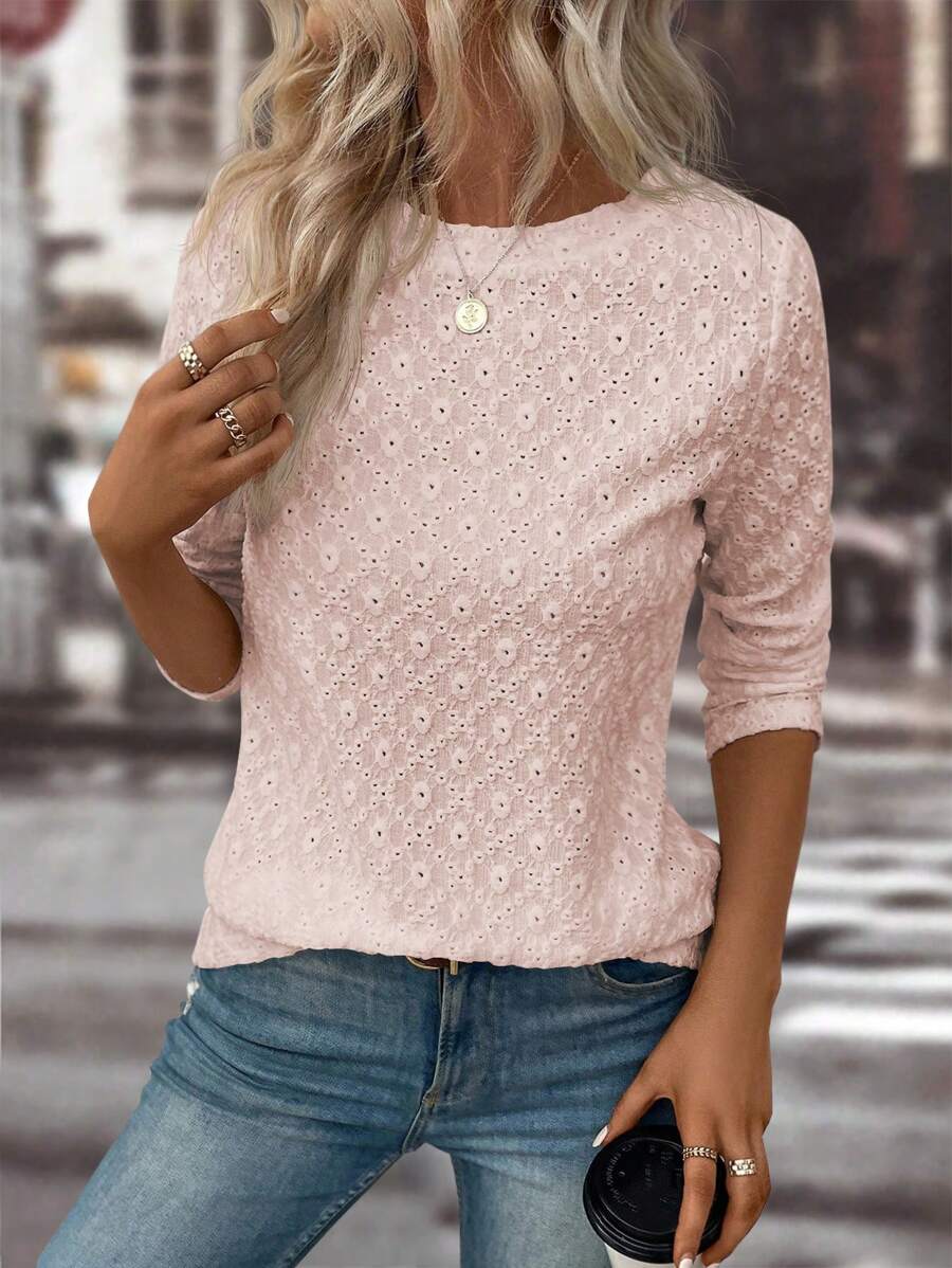 SHEIN LUNE Solid Eyelet Embroidery Tee Fall Cloth For Women - Pink - View 1